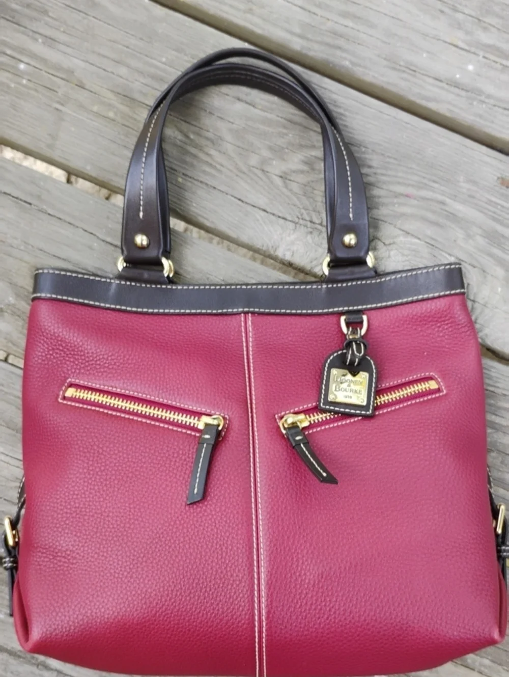 Dooney & Bourke Deep Wine Pebbled Leather Shoulder Bag with Brown Trim - Picture 1 of 12